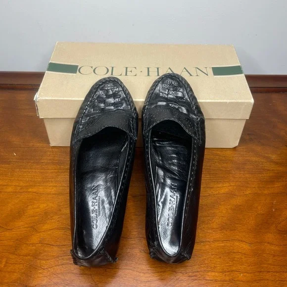 Vintage Italy‎ Cole Haan Suzette Black Leather Woven Loafers Flats Womens 5.5 M