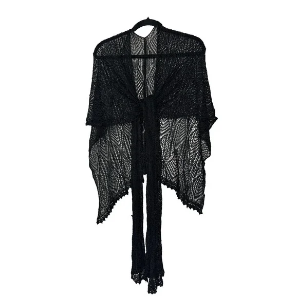 Women Black Crochet Open Knit Ruana Scarf Wrap Whimsigoth Fairy Grunge Victorian
