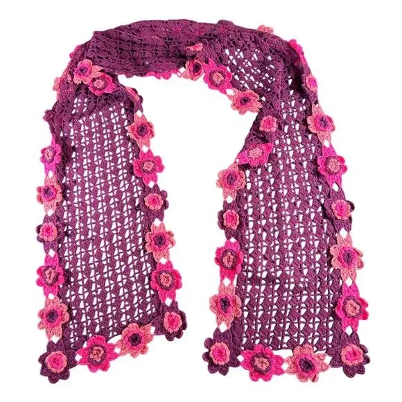 Gap Crochet Floral Scarf- purple pink- wool knit- feminine whimsygoth OS 62x9