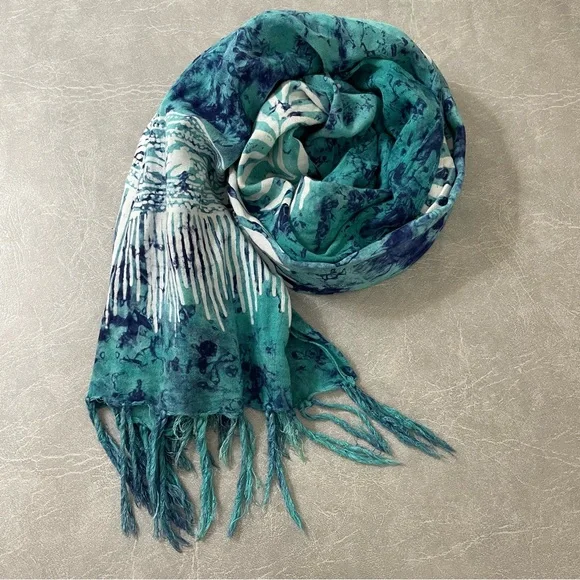 Fringed Blue/Bluegreen Leaf Print 20” x 64” Batik Scarf