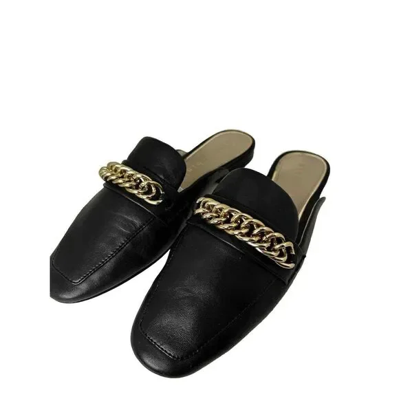 Gianni Bini‎ Womens Mule Flat Shoes Black Leather Slip On Chain Embellished 9