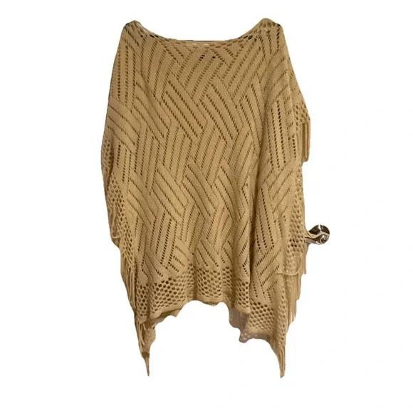 LTV Imports Beige Tan Woman's Shawl With Fringe, Overhead Square Style Sweater