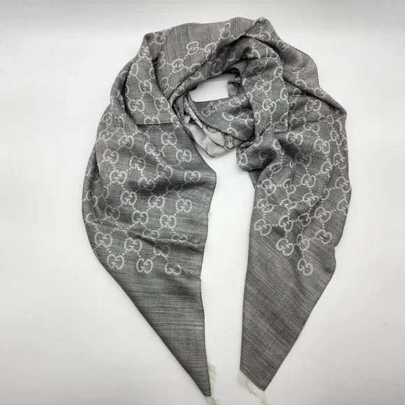 Gucci Wool Silk Monogram Fringe Scarf/Shawl | Gray | NEW