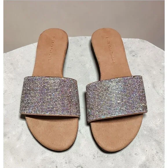 Rhinestone Embellished Slide Sandals Womens Sparkling Flat Slip-On Shoes