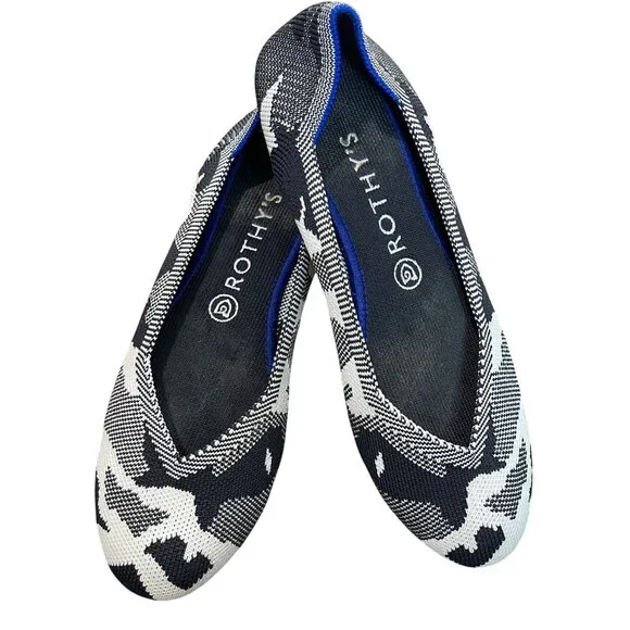 Rothy's The Round Toe‎ Shoes Women's Size 9 Flats Winter Camo Print Black White