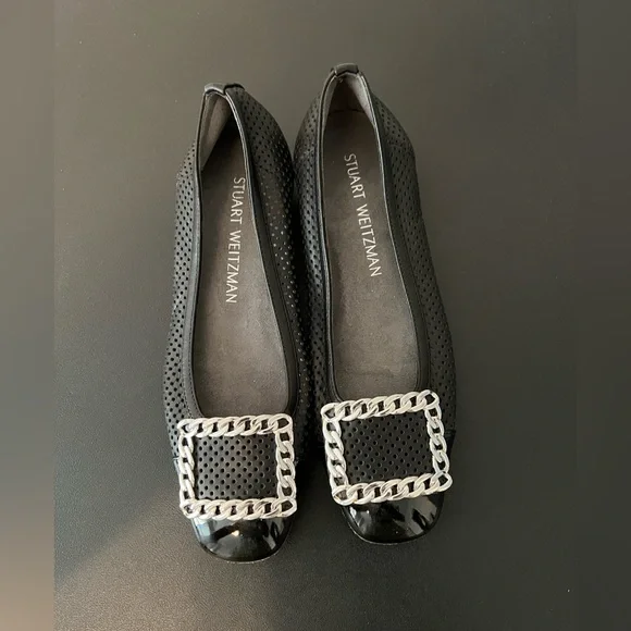 Stuart Weitzman Black Patent Leather Low Heels Flat Mesh Silver Buckle Size 5