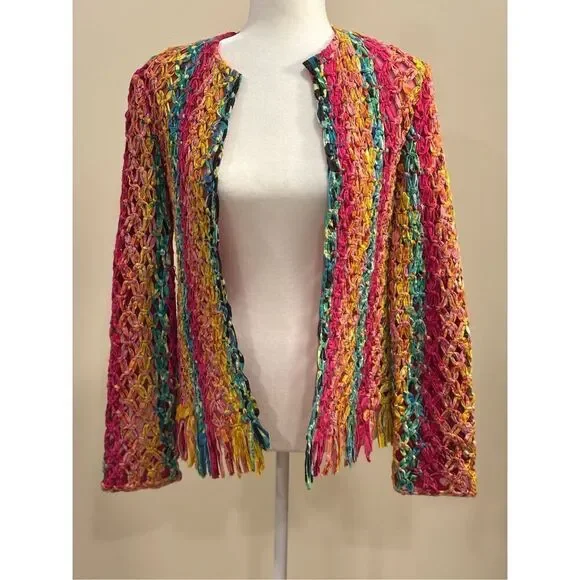 Vintage/Vtg Sandy Starkman Women's Knotted Woven Mesh Fringe Coat Multicolor Sma