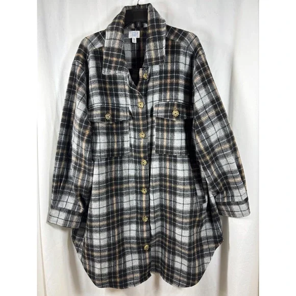 Time and Tru Womens XXXL Plaid Shacket Black Grey Tan Wool Blend Shirt Jacket 22