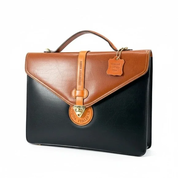 Vintage Moda Italiana Black Brown Leather Briefcase Document Bag
