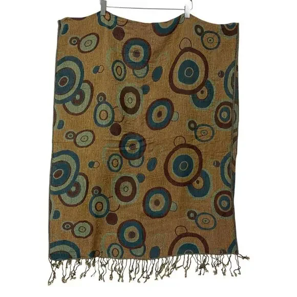 Pashmina Cashmere Silk Scarf Brown Teal Geometric Circles Wrap 64