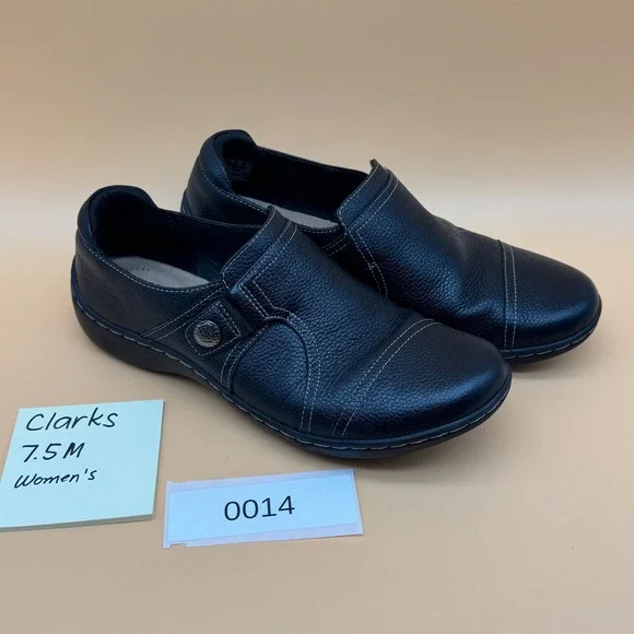 Clarks Women's Cora Poppy Black Leather Slip On Loafers Comfort Size 7.5 M (014)