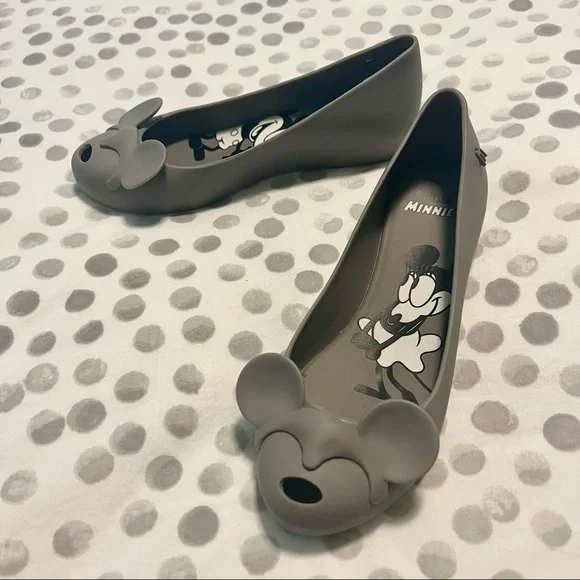 NWT Melissa Woman’s Ultragirl Minnie Peep Toe Mickey Ears Ballet Flat Grey Sz 5