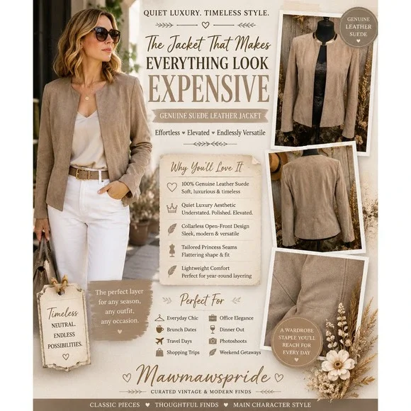 Vintage Y2K Retro Taupe Suede Leather Jacket Quiet Luxury Old Money Minimalist M