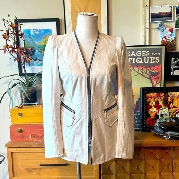Dawn Levy Cream Pearl Designer Leather Jacket with Black Accents