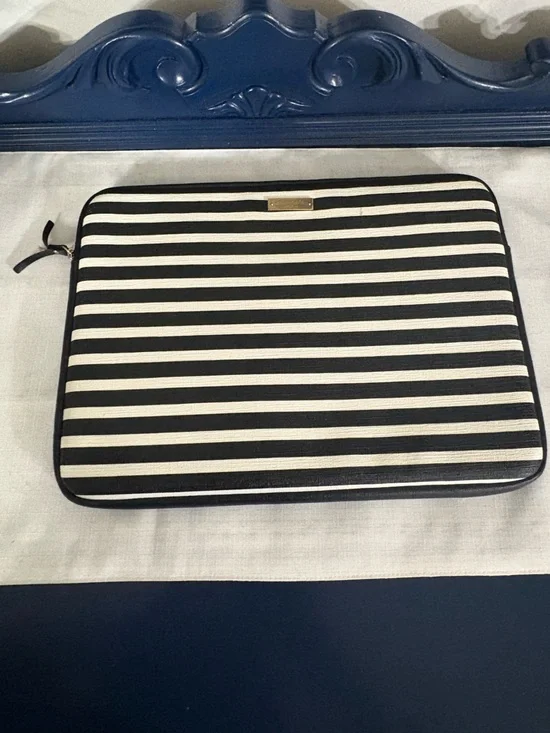 kate spade Black and White Striped laptop Pouch with Gold Plate