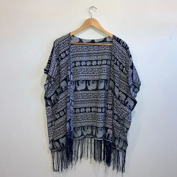 Elephant Boho Blue Kimono Style Wrap size Small