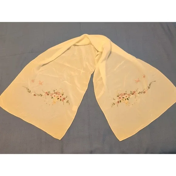 HAPPINESS Hand Embroidered Pure Silk Soft Ivory Scarf 14