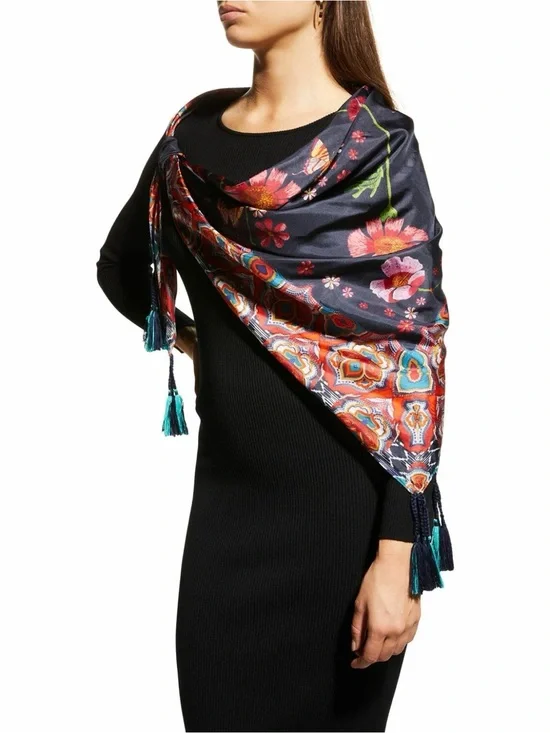 Johnny Was Lindero Silk Scarf Floral Square Large Flowers Tassel