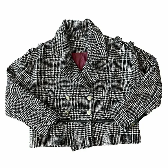 Maroon Black White Womens Wool Jacket Coat Plaid Houndstooth Double-Breasted M