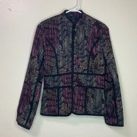 Vtg Multiples Tapestry Jacket Floral Leaf Mandarin Collar Brass Buttons Size XS