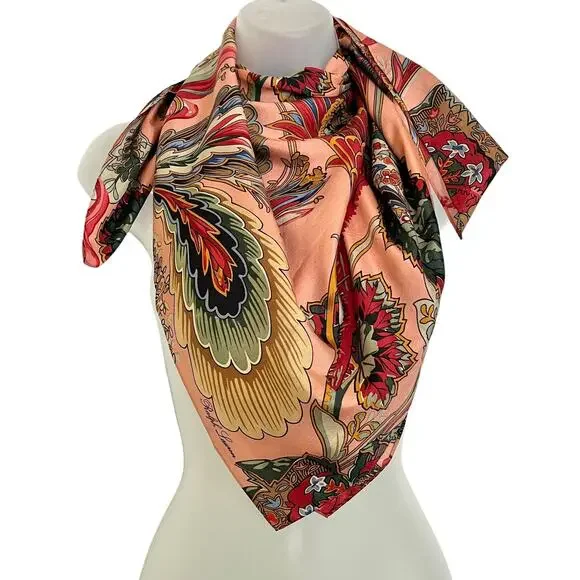 Vintage Ralph Lauren Colorful Feather Floral Paisley Cotton Square Scarf