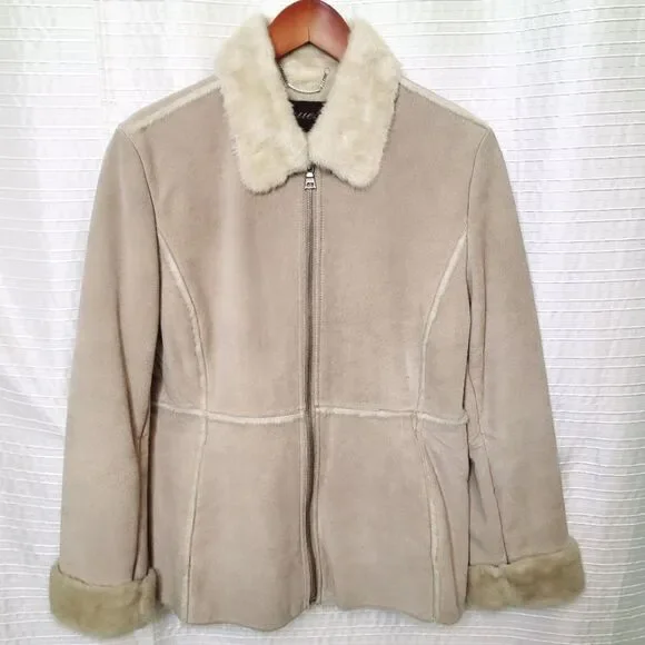Y2K Guess Suede Leather Soft Faux Fur Lined Coat Light Tan Women's M