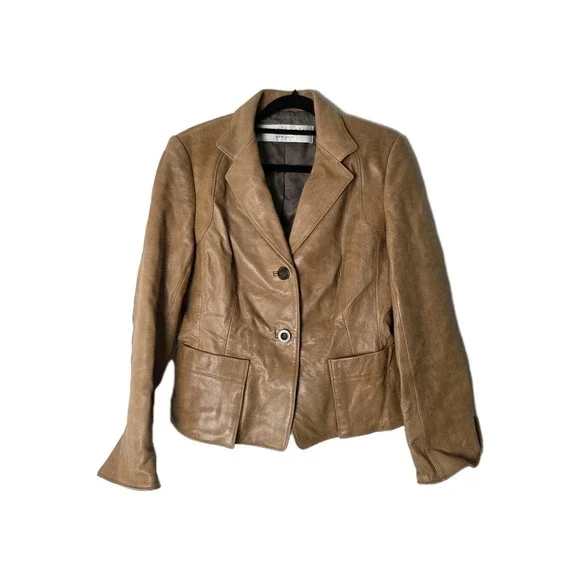 Charles Nolan New York Womens Camel Tan 100% Leather Jacket Blazer Size 6 Vtg