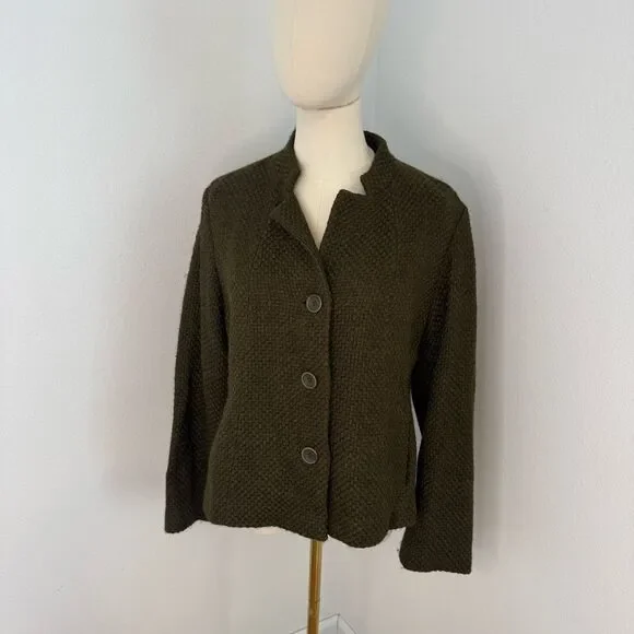 Eileen Fisher Olive Green Textured Button Jacket - Size Small