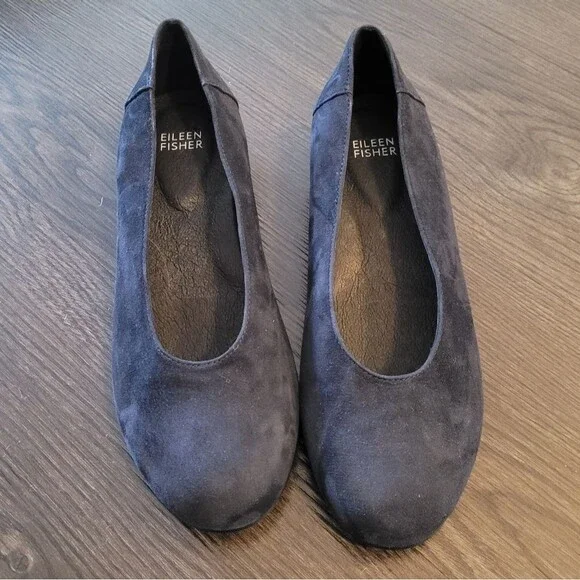 Eileen Fisher Una 2 Navy Blue Suede Flats 7.5 Minimalist Comfort Slip On Wedge
