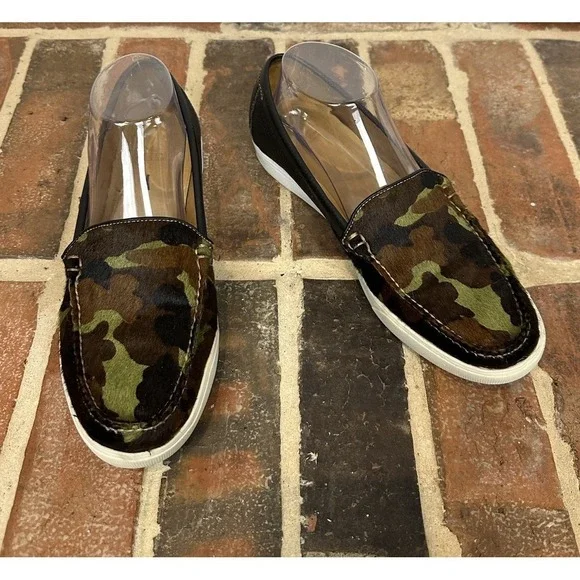 Peter Millar Black Leather Calf Hair Loafers Flats Camo Slip On Shoes‎ Women's 9