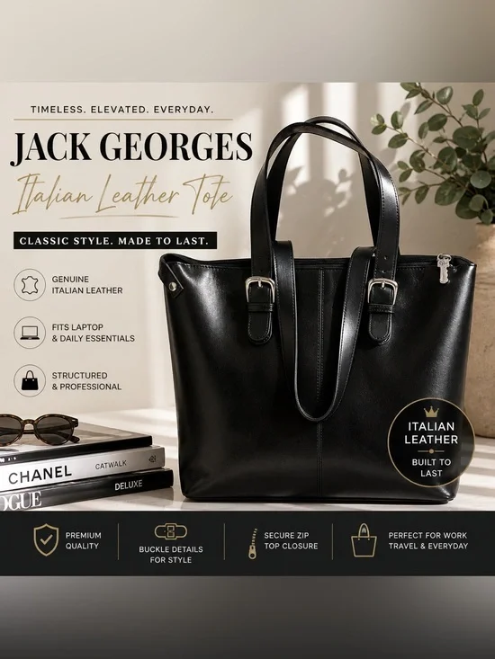 Jack Georges Black Italian Leather Tote Bag Structured Work Laptop Purse