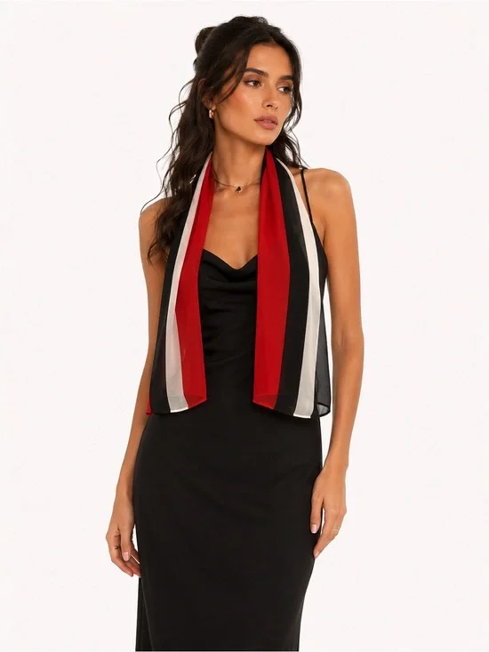 La Blanca Vintage‎ Sheer Scarf Red Black Ivory Striped Lightweight Wrap