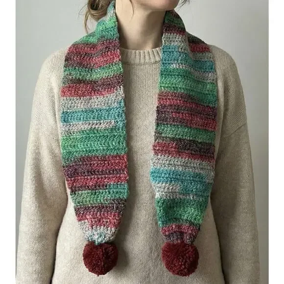 Handmade Knit Colorful Scarf with Pom Poms 5