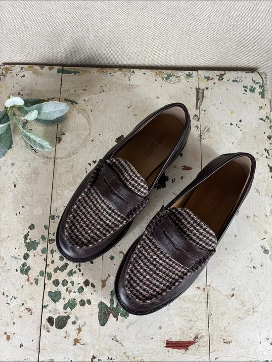 Steve Madden > Brown Leather Penny Loafers with Houndstooth Panel 7.5