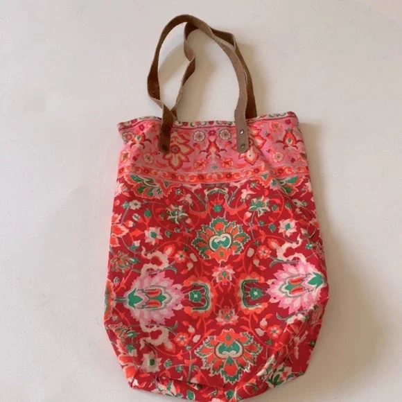 Floral boho sack tote bag with suede style straps