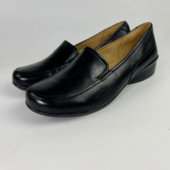 Natural Soul Connor Black Leather Slip On Loafers Womens 8.5 M Comfort Shoes