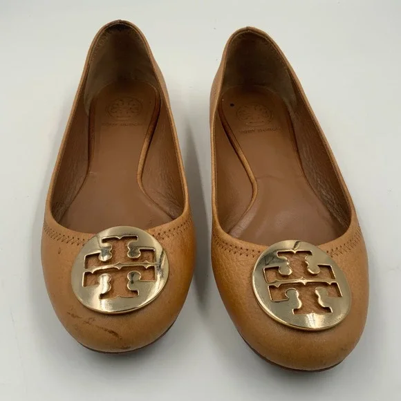 Tory Burch Tan Leather Ballet Flats with Gold Logo Medallion - Classic