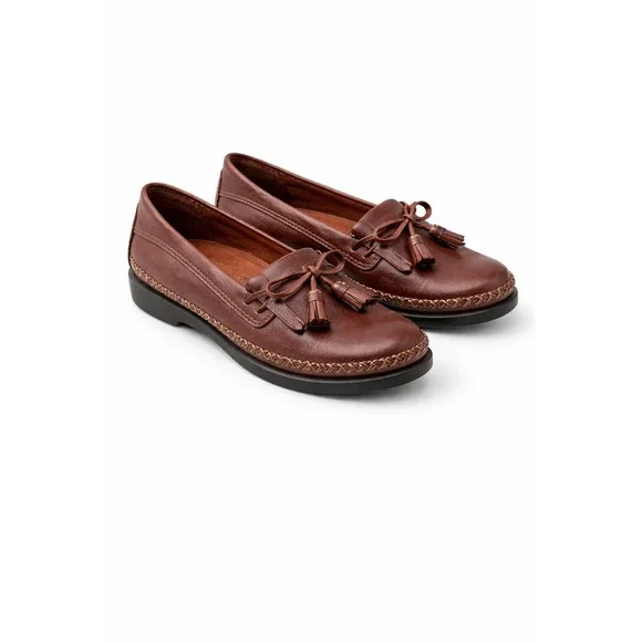 Dexter Womens 7W Brown Leather Kiltie Tassel Loafers Whipstitch Slip On Shoes