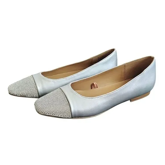 Kensie Faith Silver Rhinestone Studded Square Slip On Flats SZ 8 NWOT Coquette