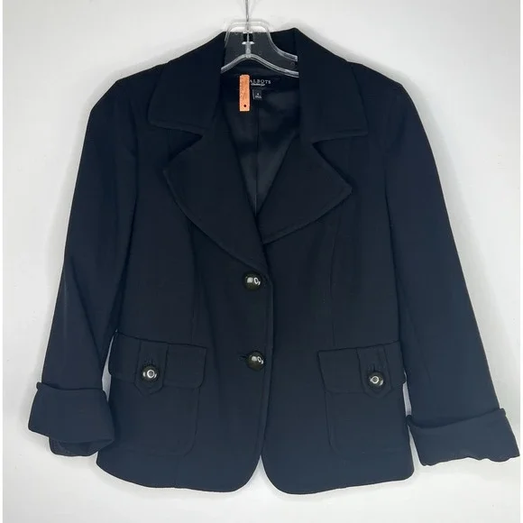 TALBOTS Classic Black Wool Boxy‎ Structured Minimalist Button Detail Blazer Sz 4