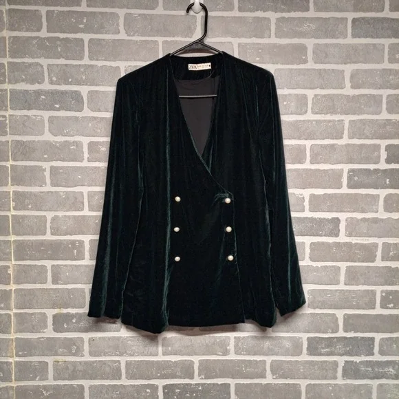 ZARA Blazer Jacket Women Medium Deep Green Velvet Double Breasted Pearl‎ Buttons
