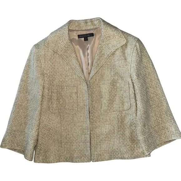 LAFAYETTE 148 NEW YORK Tweed Blazer Jacket Cropped 3/4 Sleeves Classic Tan 10