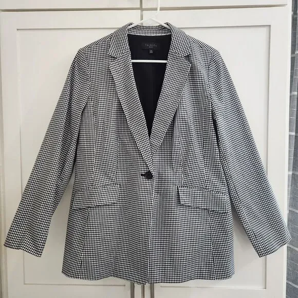 Talbots Gingham Blazer Jacket Petite Womens 14 Black White Office Suit Academia