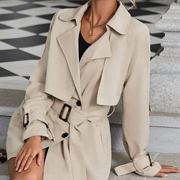 Khaki Casual Women's Raglan Sleeve Double Breasted Belted Trench Coat