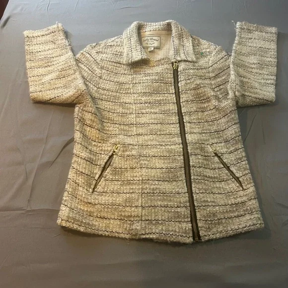 Lucky Brand Tweed Zipper Jacket Women Medium Beige Black Moto Style‎