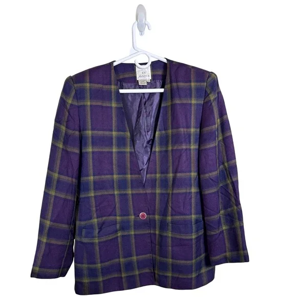 En Avance Vintage Blazer‎ Purple Plaid Rayon Women Size 11/12 Made in USA