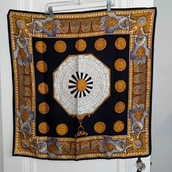 Vtg Alfred Sung black, gold, gray & white silk sun‎ astrology large square scarf