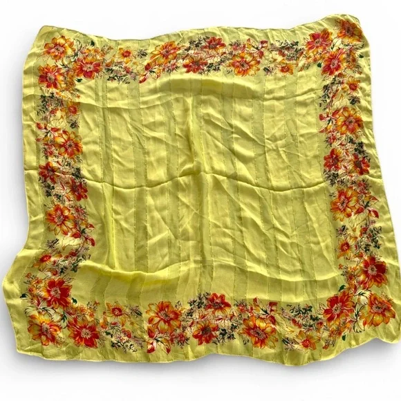 Vintage April Cornell Floral Scarf Lime Green Flower Border 40x40 Large