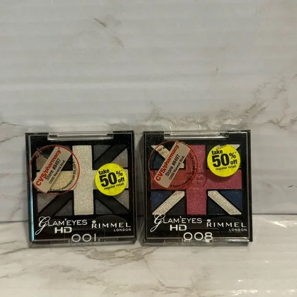 Rimmel London glam eyes HD eyeshadow in 008 true union Jack, and 001 black cab