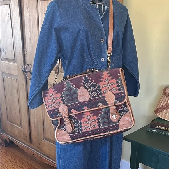 Southwestern Tapestry Leather Briefcase Satchel